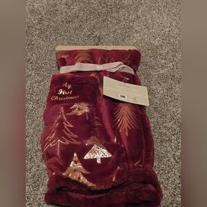 My First Christmas Baby Blanket & Stocking Burgundy Gold Trees